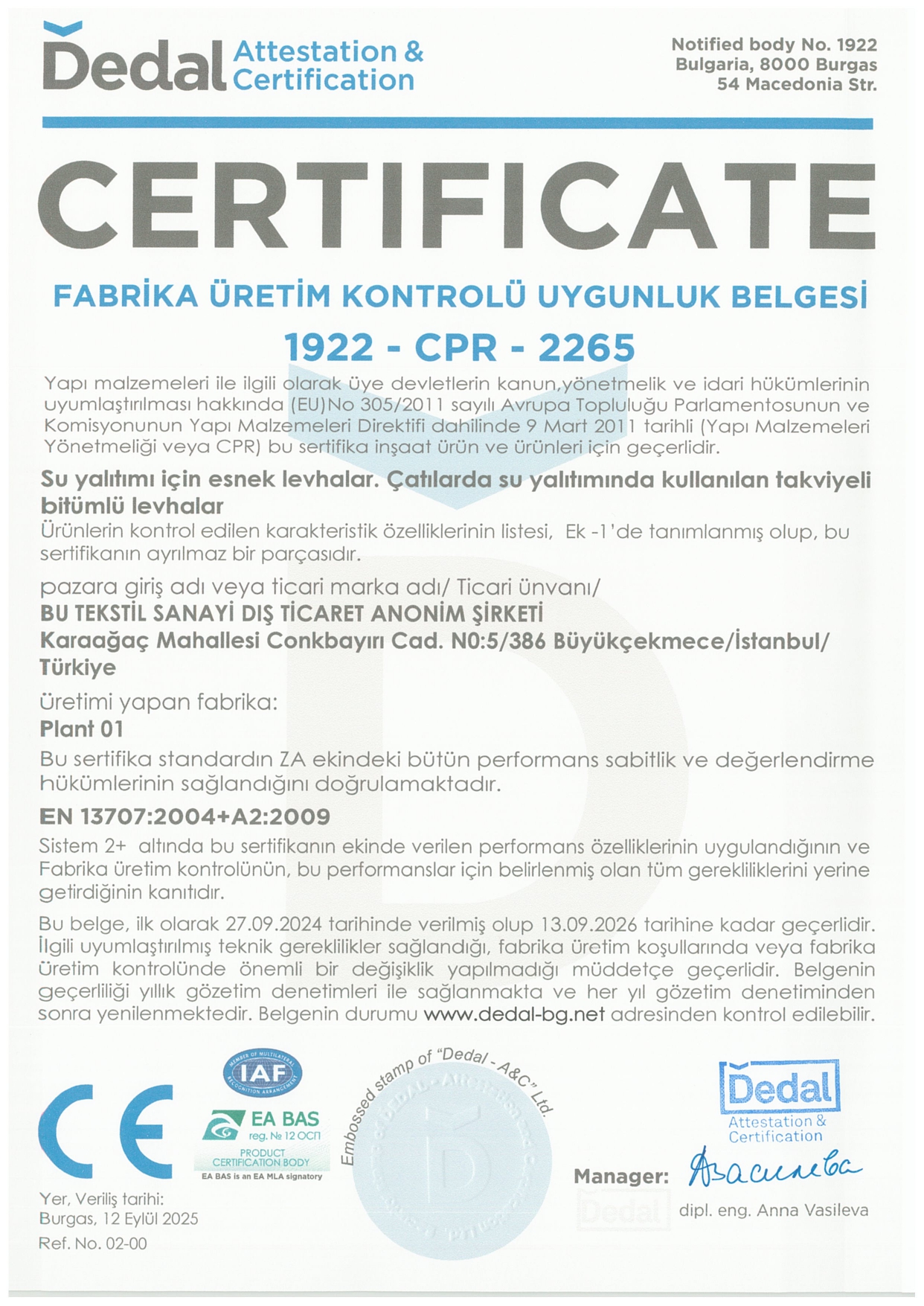 SU YALITIM ÖRTÜLERİ EN 13707 CE BELGESİ